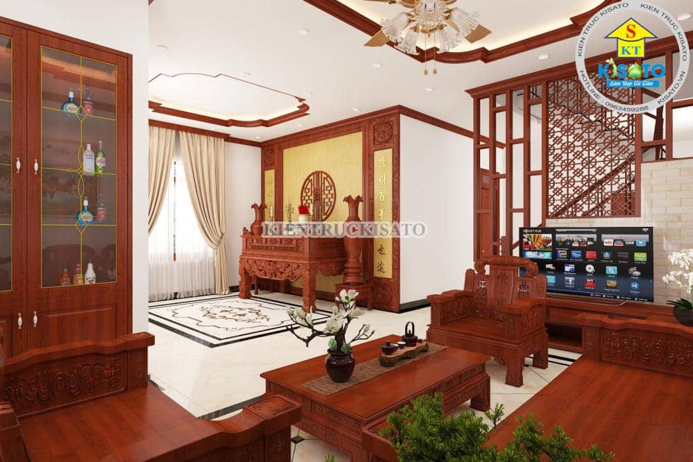 Ý tưởng thiết kế nội thất phòng khách kết hợp phòng thờ 40m2 bằng gỗ tự  nhiên NT214039 - Kiến trúc Angcovat