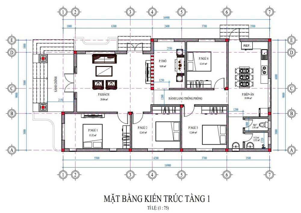  Mặt Bằng Thiết Kế Mẫu Nhà Cấp 4 Hiện Đại 4 Phòng Ngủ