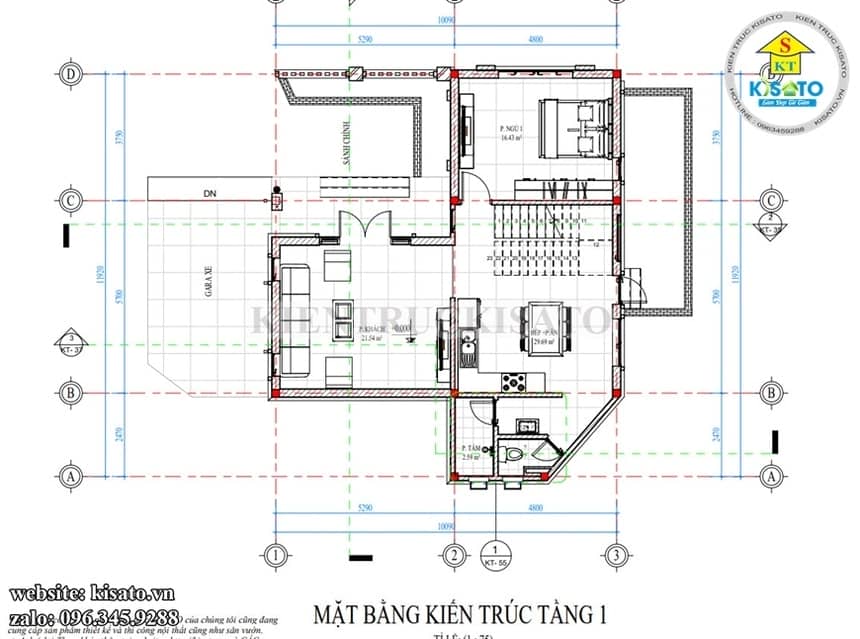 Mặt bằng tằng 1 biệt thự 2 tầng