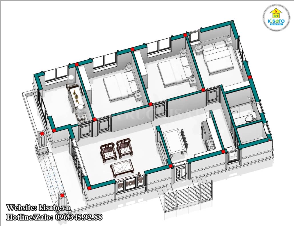 Mặt bằng công năng mẫu nhà cấp 4 mái Thái 3 phòng ngủ