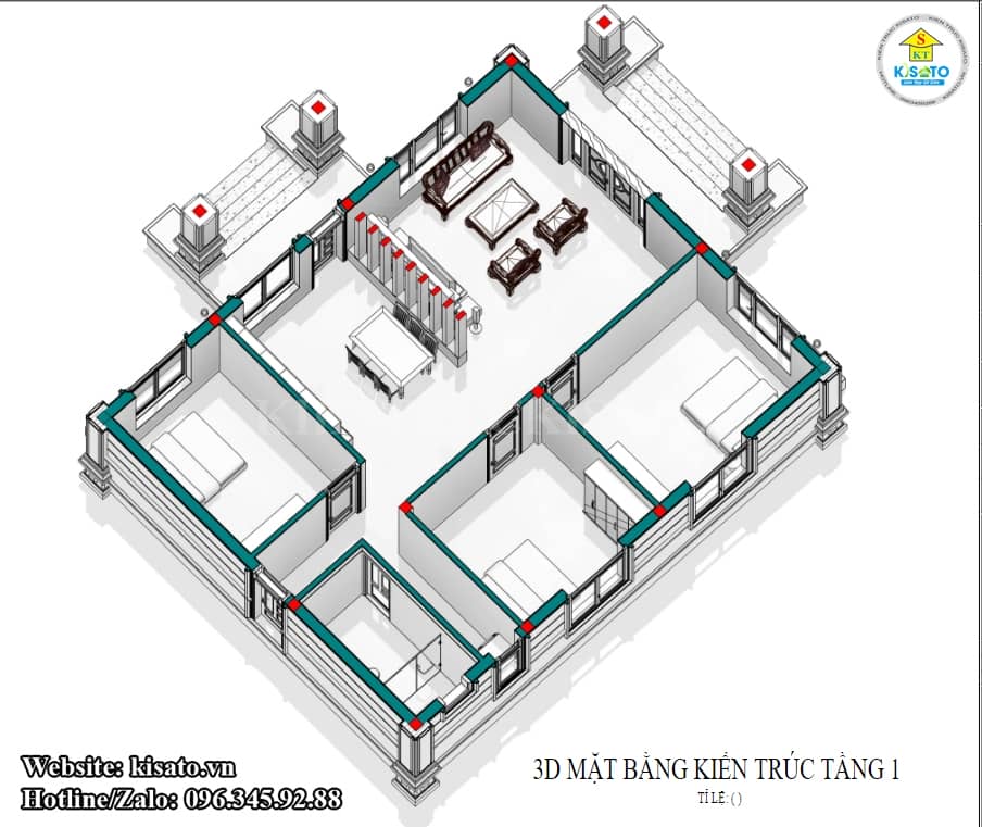 Mặt bằng công năng mẫu nhà cấp 4 mái Thái 3 phòng ngủ 