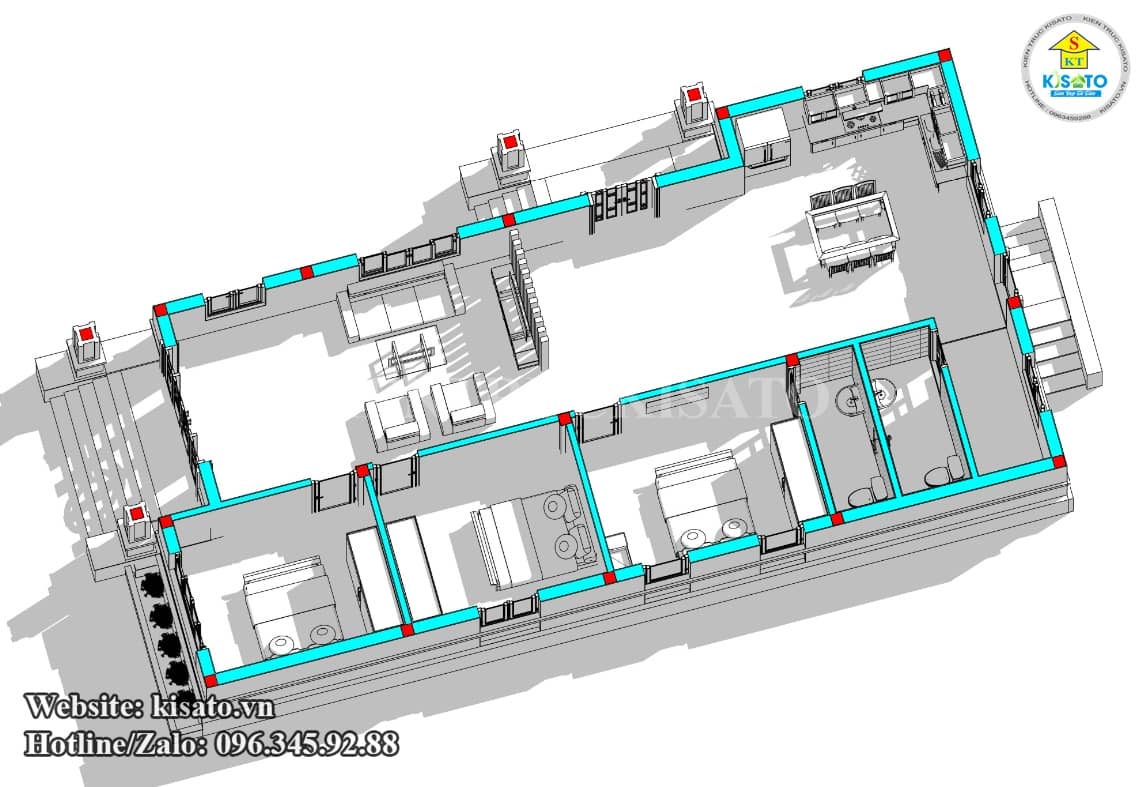 Mặt bằng công năng sử dụng mẫu nhà cấp 4 mái Thái 3 phòng ngủ 8x17m