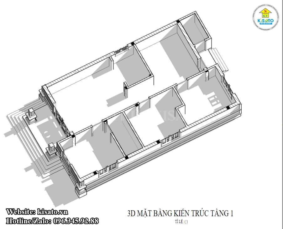 Mặt bằng 3D công năng mẫu nhà cấp 4 mái Thái