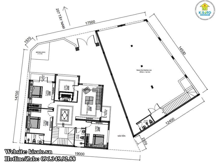Mặt bằng công năng trung tâm thương mại tầng 1 và tầng 2 có cùng diện tích: 164m2.