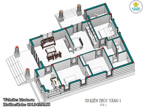 Mặt bằng công năng 3D mẫu nhà vườn tân cổ điển mái Thái