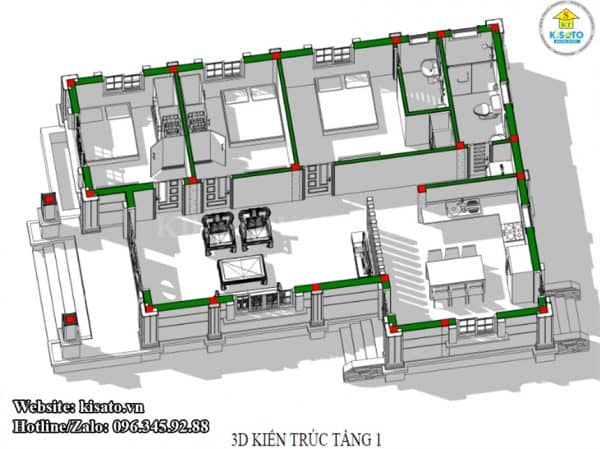 Mặt bằng công năng 3D mẫu nhà cấp 4 hiện đại mái Thái