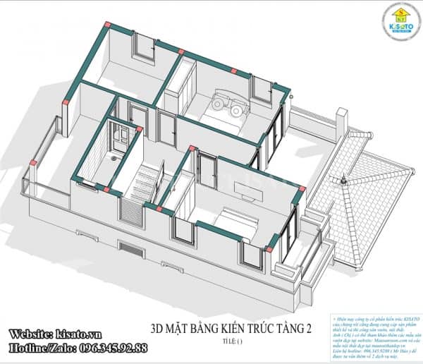 Phối cảnh 3D mặt bằng công năng tầng 2 của thiết kế biệt thự hiện đại mái Nhật