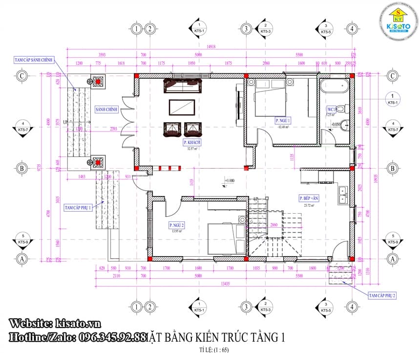Mặt bàng công năng tầng 1 của mẫu biệt thự 2 tầng mái Thái