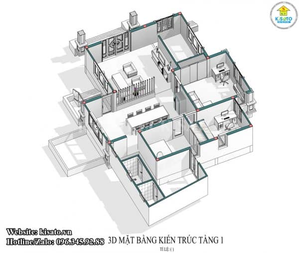 Phối cảnh 3D mặt bằng công năng của mẫu thiết kế nhà cấp 4 mái Thái