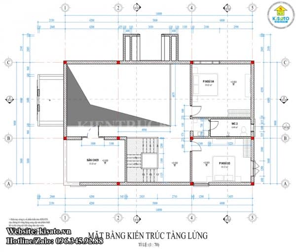 Mặt bằng công năng tầng gác lửng mẫu nhà cấp 4 mái Thái gác lửng