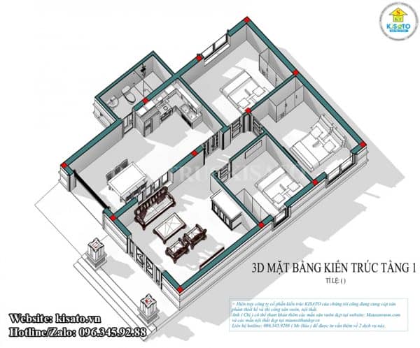 Phối cảnh 3D mặt bằng công năng mẫu thiết kế nhà cấp 4 mái Thái đẹp