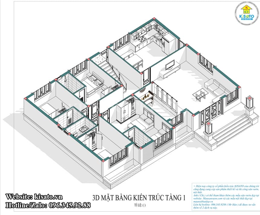 Phối cảnh 3D mặt bằng công năng mẫu nhà vườn mái Nhật tại Bắc Giang