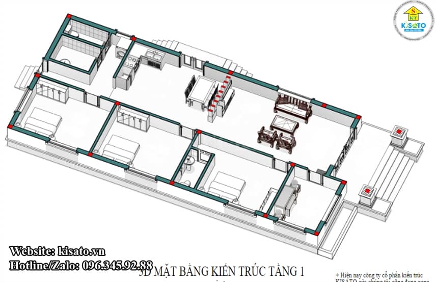 Mặt bằng công năng 3D mẫu nhà cấp 4 hiện đại mái Thái