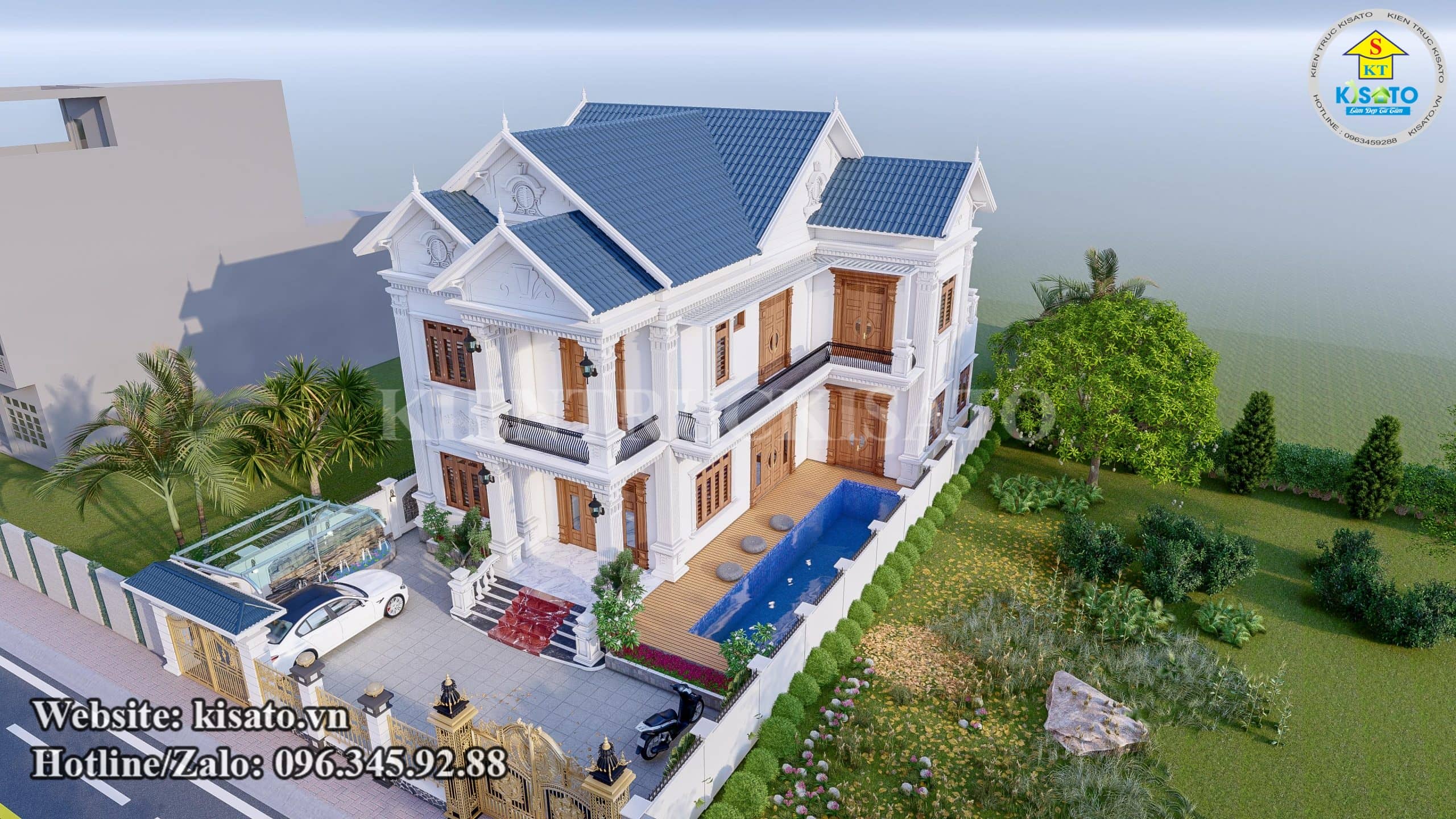 Phối cảnh 3D mẫu biệt thự tân cổ điển 2 tầng mái Thái đẹp tại Yên Khánh Ninh Bình
