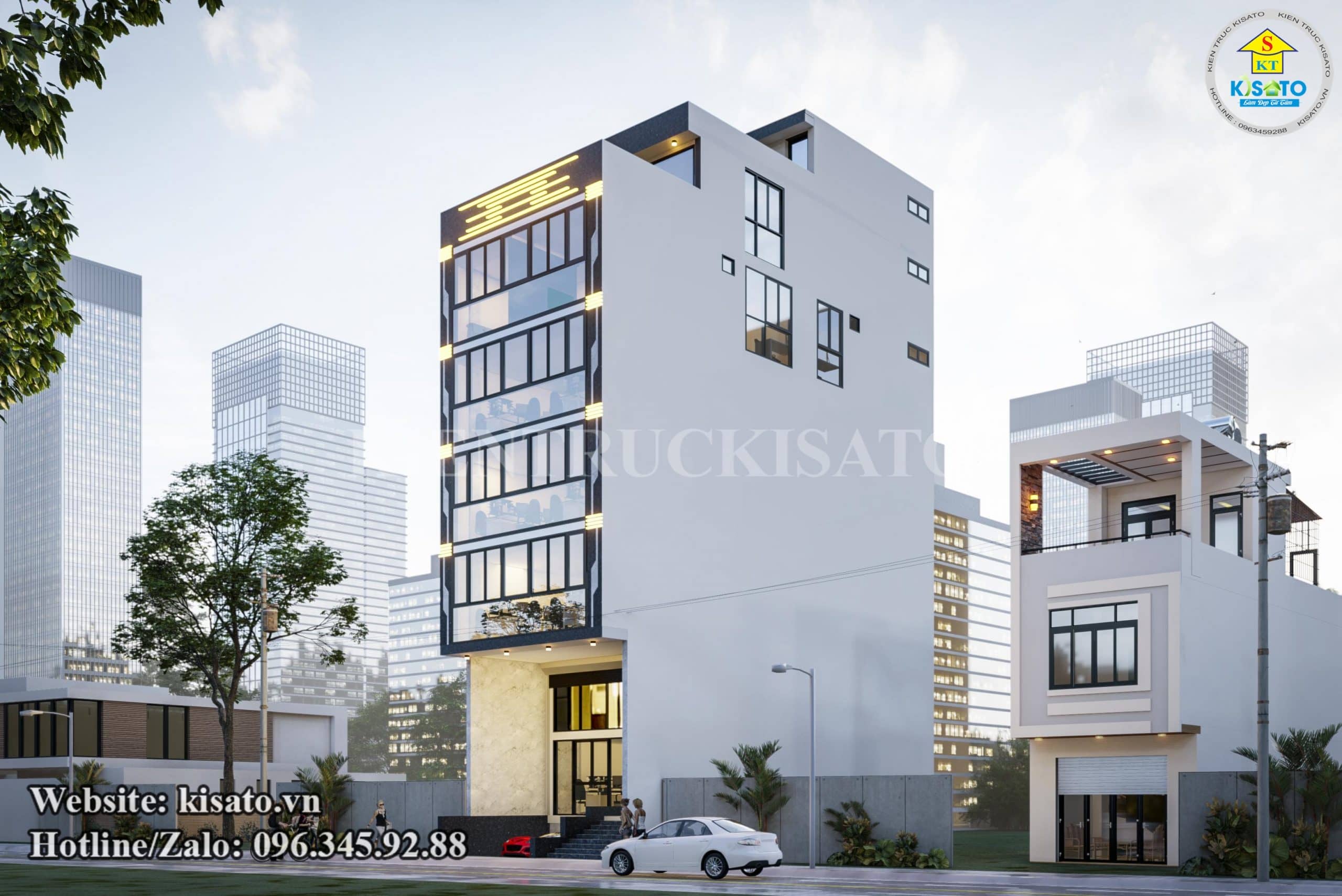 Phối cảnh 3D mẫu nhà phố hiện đại 7 tầng kết hợp VP cho thuê tại Hà Nội