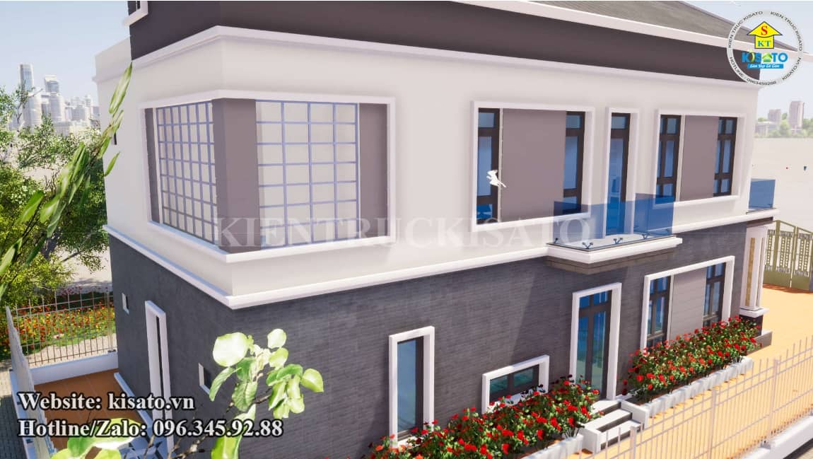 Phối cảnh 3D mẫu biệt thự hiện đại 2 tầng mái chéo tại Thái Nguyên
