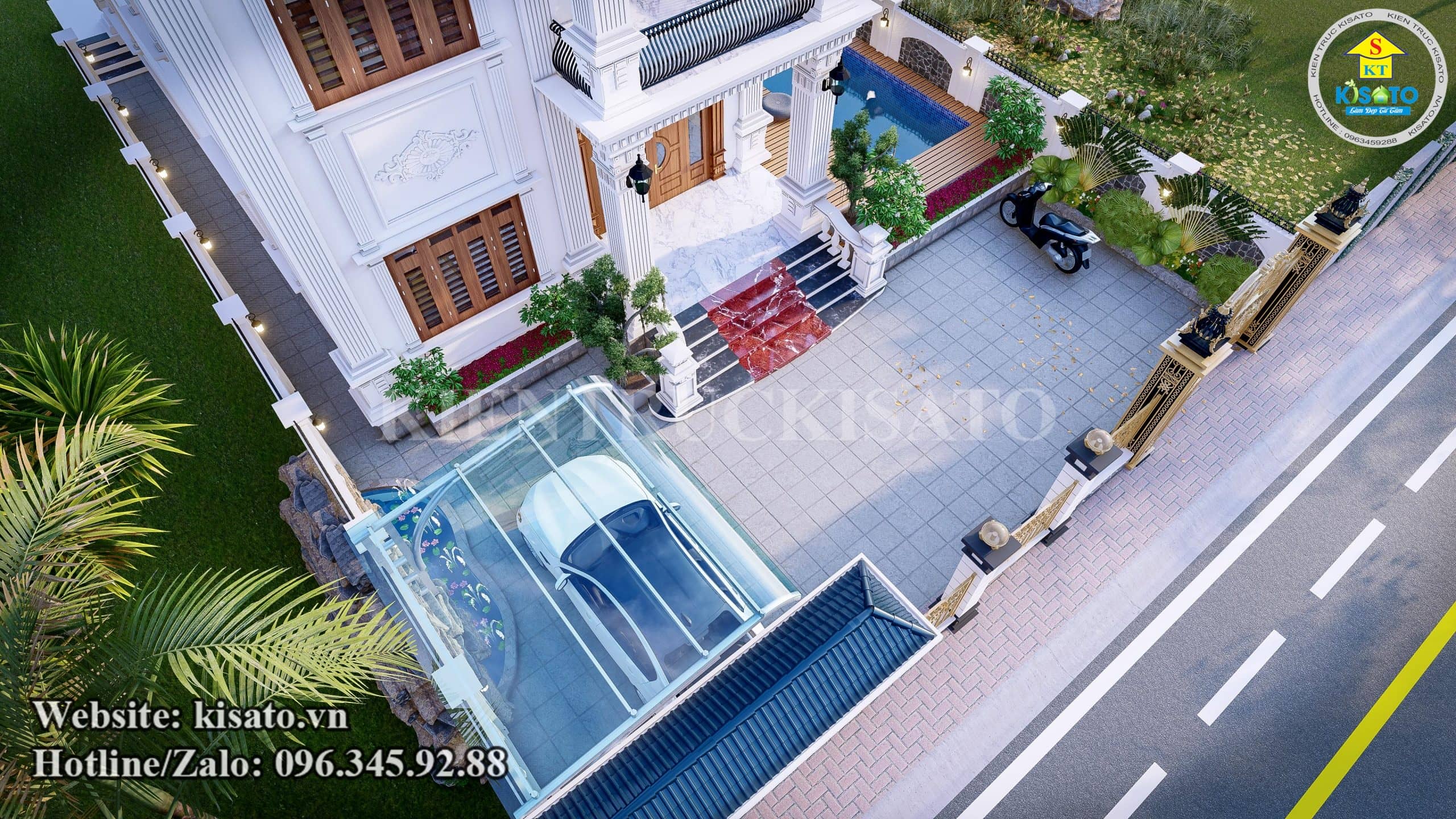 Phối cảnh 3D mẫu biệt thự tân cổ điển 2 tầng mái Thái đẹp tại Yên Khánh Ninh Bình