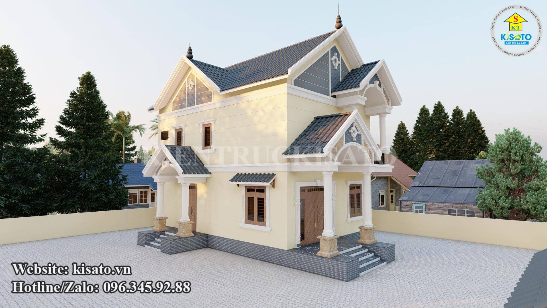 Phối cảnh 3D mẫu biệt thự 2 tầng mái Thái 4 phòng ngủ đẹp tại Nam Định