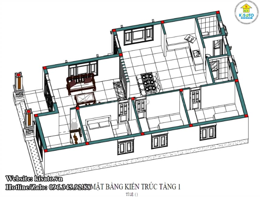 Mặt bằng công năng 3D mẫu nhà vườn hiện đại mái Thái