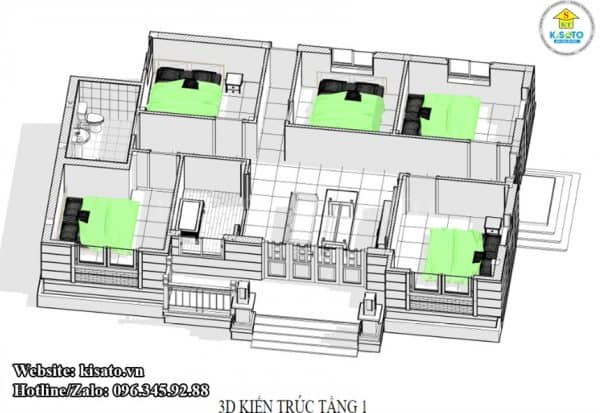 Mặt bằng công năng 3D mẫu nhà vườn hiện đại mái Thái