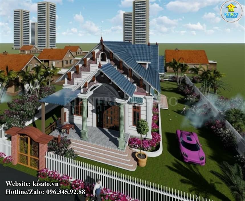 Phối cảnh 3D mẫu nhà cấp 4 đẹp tân cổ điển mái Thái