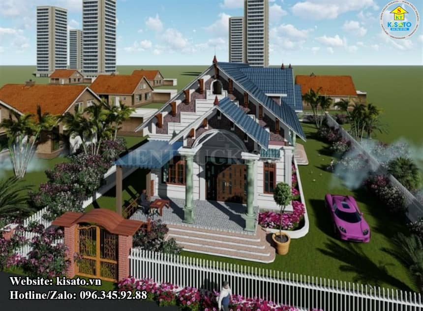 Phối cảnh 3D mẫu nhà cấp 4 đẹp tân cổ điển mái Thái