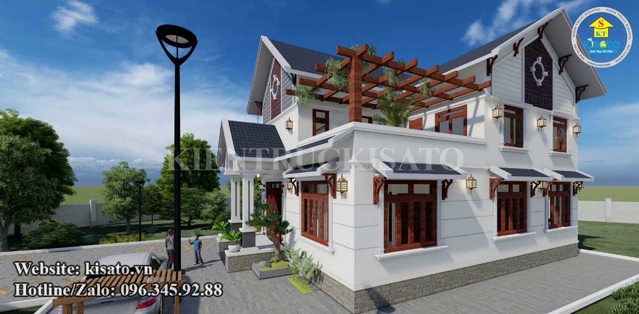 Phối cảnh 3D mẫu biệt thự 2 tầng mái Thái đẹp tại Định Quán - Đồng Nai
