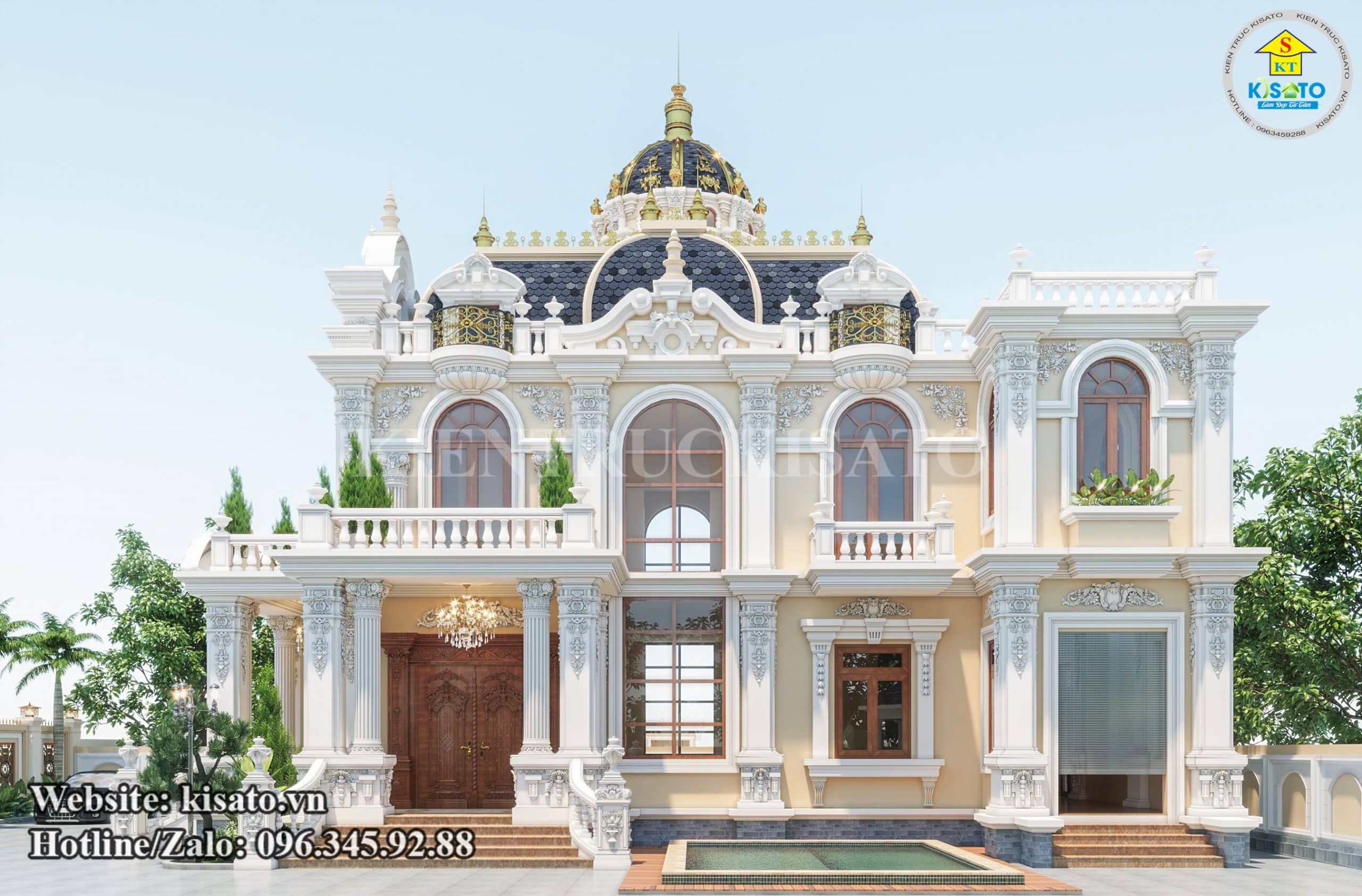 Mặt tiền chính của mẫu thiết kế biệt thự tân cổ điển đẹp 2 tầng kiểu Pháp tại Vũng Tàu