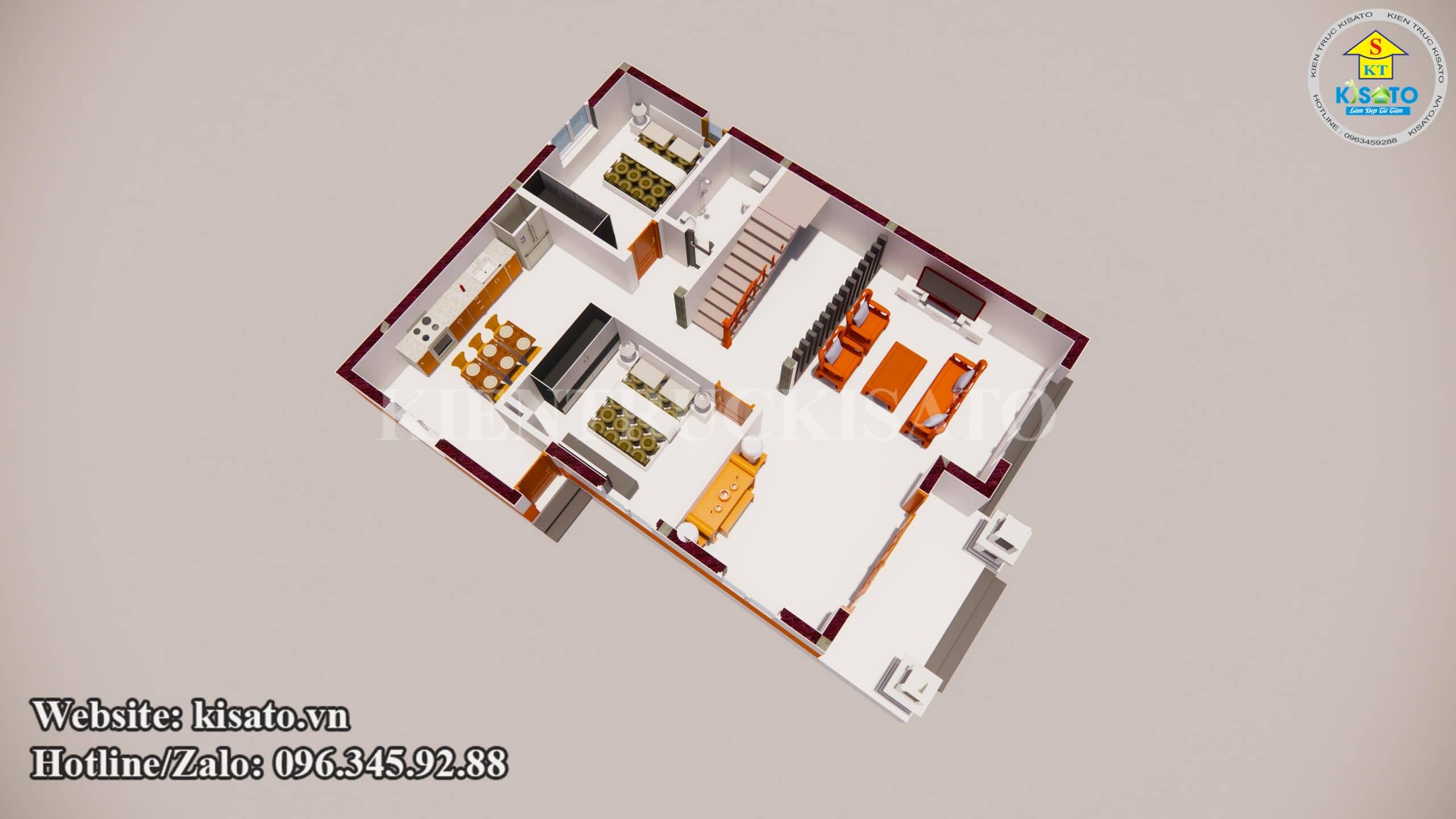 Hình ảnh 3D mặt bằng công năng tầng 1 mẫu biệt thự 2 tầng 5 phòng ngủ đẹp tại Bắc Ninh