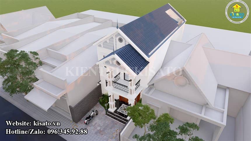 Phối cảnh 3D ngoại thất mẫu biệt thự 2 tầng mái Thái tân cổ điển tại Quảng Ninh