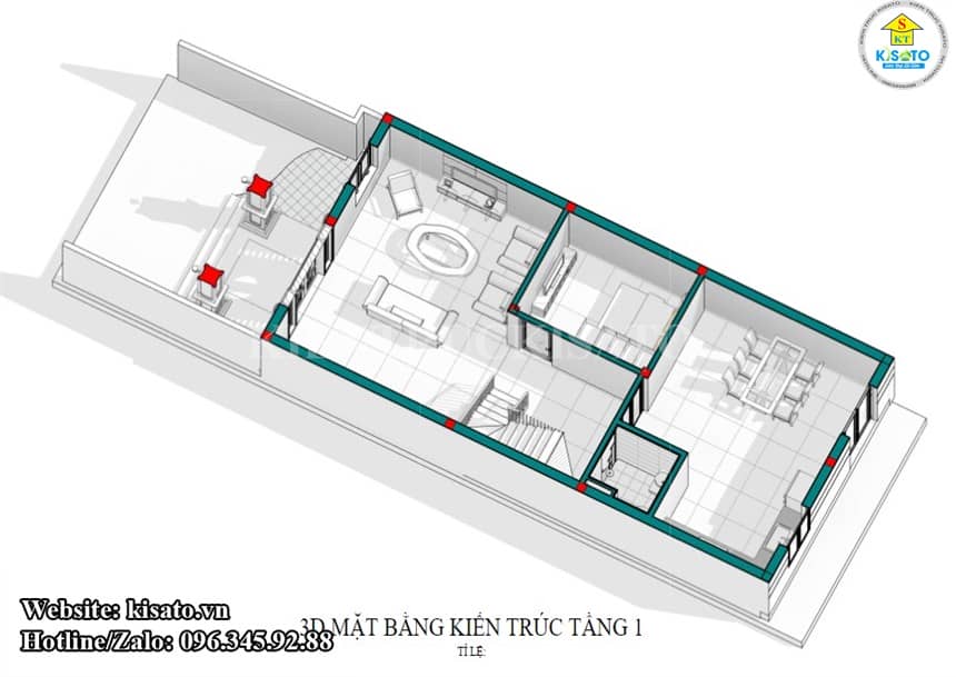 Mặt bằng 3D tầng 1 mẫu biệt thự 2 tầng mái Thái tân cổ điển tại Quảng Ninh