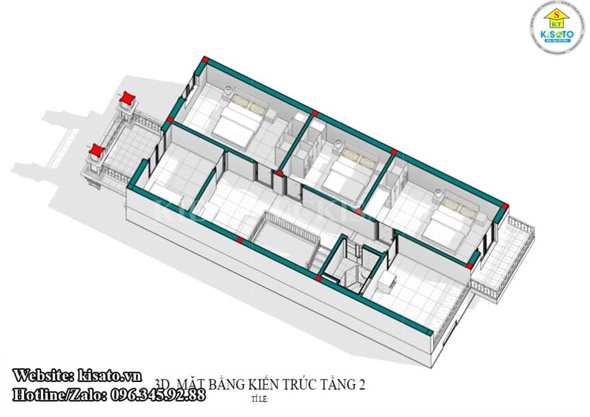 Mặt bằng 3D tầng 2 mẫu biệt thự hai tầng mái Thái tân cổ điển tại Quảng Ninh