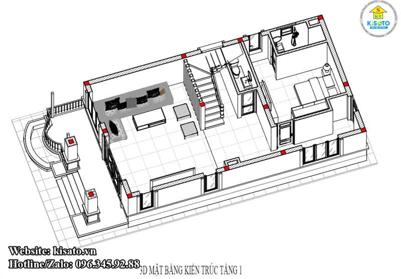 Phối cảnh 3D công năng tầng 1 biệt thự 2 tầng mái Nhật tại Thái Nguyên