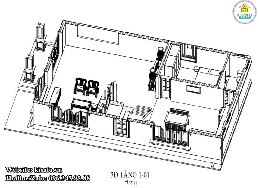Phối cảnh 3D công năng tầng 1 biệt thự 2 tầng mái Thái tại Hà Nội