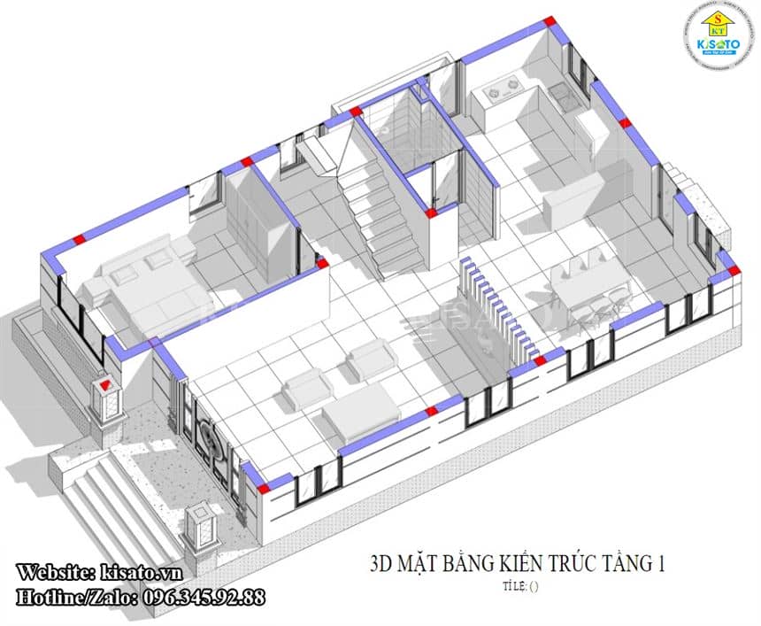 Phối cảnh 3D công năng tầng 1 biệt thự 2 tầng mái Nhật tại Hòa Bình