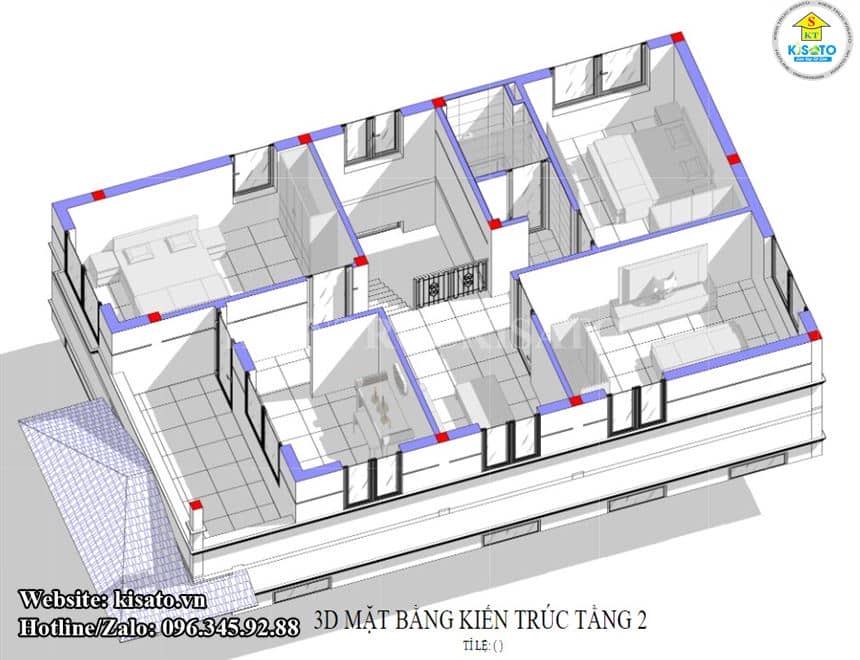 Phối cảnh 3D công năng tầng 2 biệt thự 2 tầng mái Nhật tại Hòa Bình
