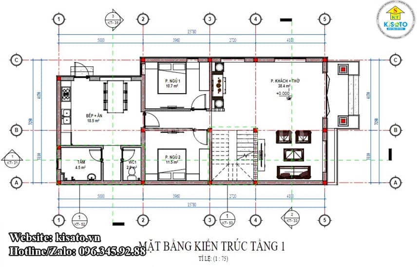 Mẫu thiết kế mặt bằng nhà biệt thự 2 tầng 3 mặt tiền diện tích 100m2 mái  thái đẹp mê ly tại Hà Nội BT2855