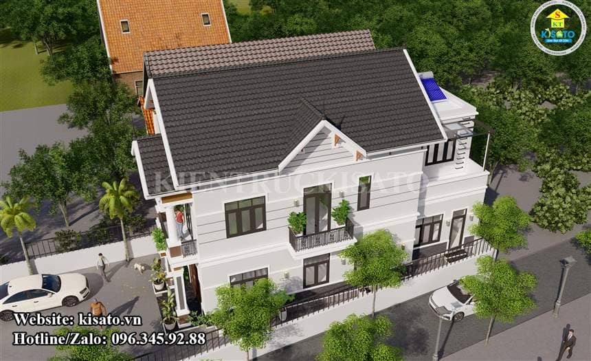 Phối cảnh 3D ngoại thất mẫu biệt thự 2 tầng mái Thái tân cổ điển tại Hưng Yên