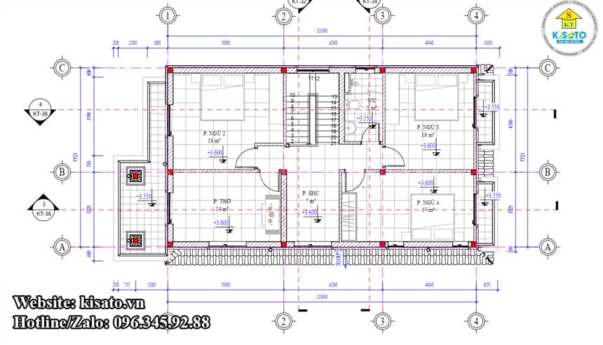 Mặt bằng công năng tầng 2 biệt thự 2 tầng hiện đại