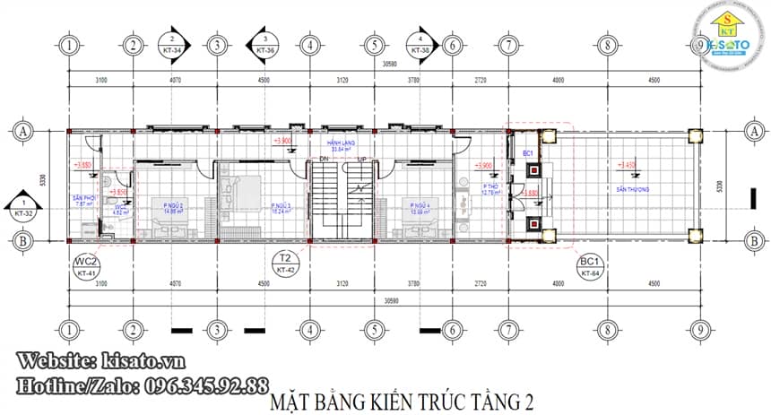 Mặt bằng công năng tầng 2 mẫu biệt thự tân cổ điển mái Thái