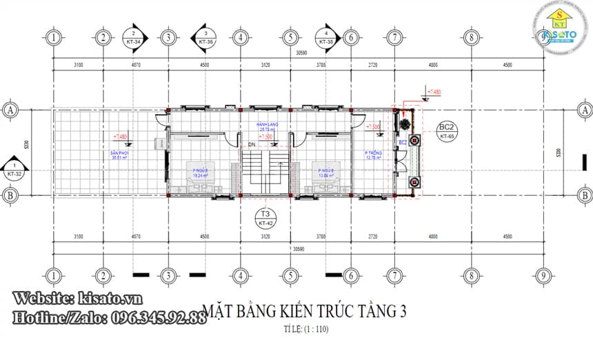 Mặt bằng công năng 2D tầng 3 mẫu biệt thự tân cổ điển mái Thái