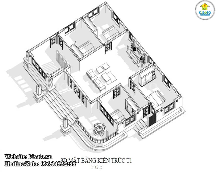 Mặt bằng 3D nhà cấp 4 mái Thái tân cổ điển tại Thái Nguyên