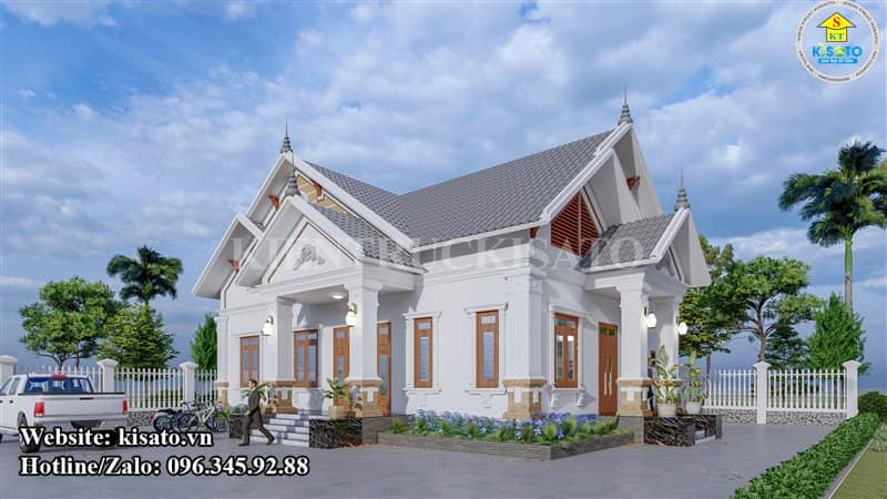 Phối cảnh 3D ngoại thất mẫu nhà cấp 4 đẹp mái Thái tân cổ điển 
