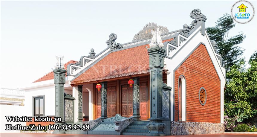 Phối cảnh 3D không gian ngoại thất của mẫu từ đường nhà thờ họ 3 gian 2 mái tại Thái Bình