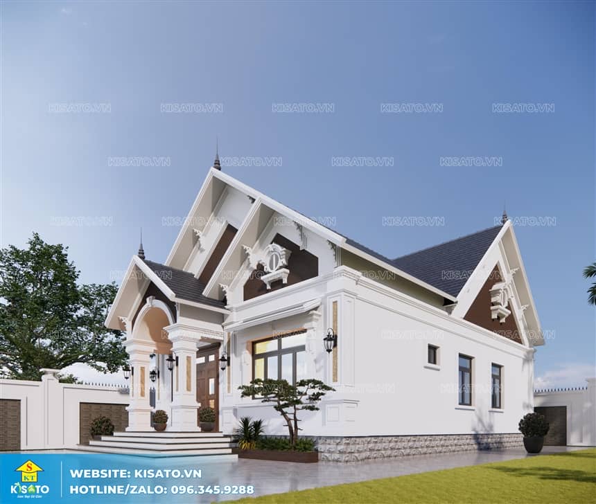 Phối cảnh 3D ngoại thất mẫu nhà cấp 4 đẹp mái Thái tân cổ điển tại Thanh Hóa