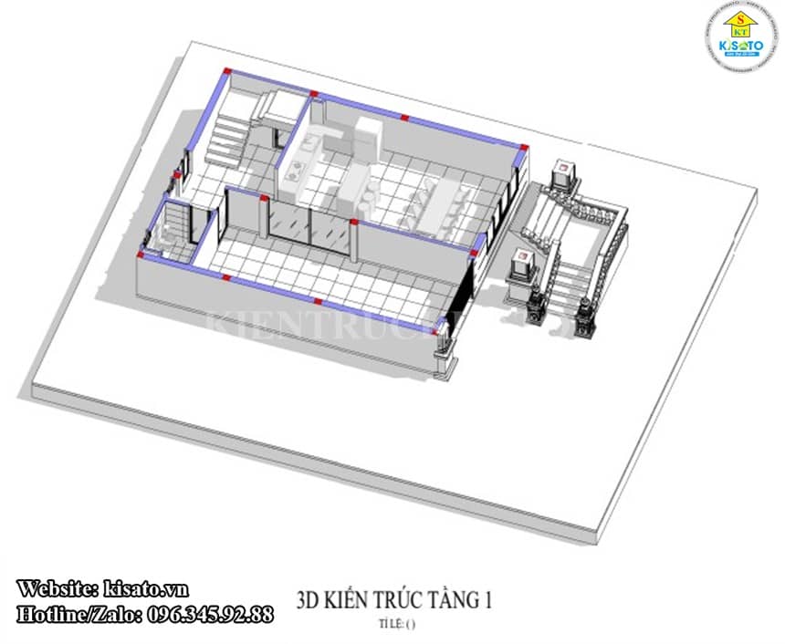 Mặt bằng 3D tầng 1 mẫu biệt thự 3 tầng tân cổ điển mái Mansard