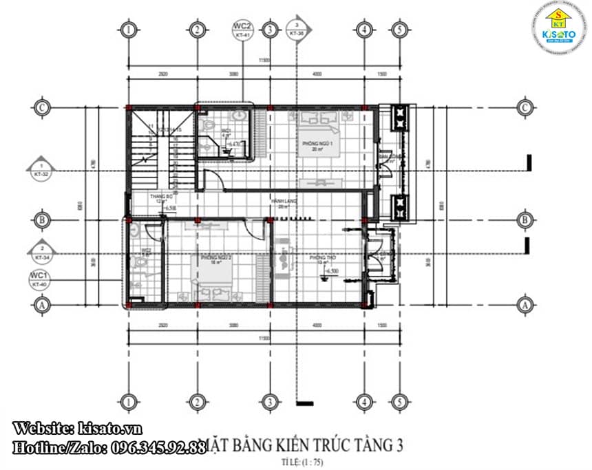 Mặt bằng công năng tầng 3 mẫu biệt thự 3 tầng tân cổ điển mái Mansard 