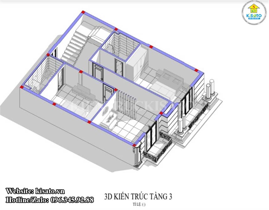Mặt bằng 3D tầng 3 mẫu biệt thự 3 tầng tân cổ điển mái Mansard