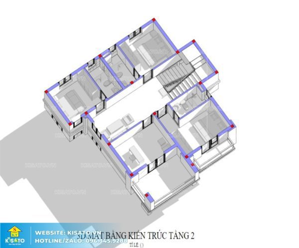 Mặt bằng 3D tầng 2 mẫu biệt thự hai tầng mái Nhật hiện đại tại Ninh Bình