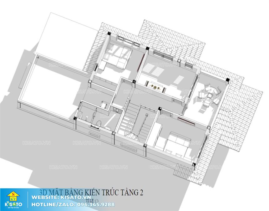 Mặt bằng 3D tầng 2 mẫu biệt thự hai tầng mái Nhật hiện đại tại Thái Bình